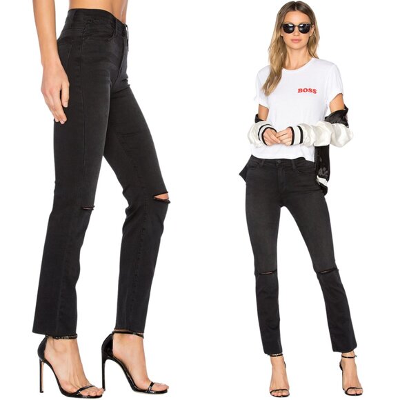 Frame Le High Straight Leg Denim Jeans Womens 26 Molony Black Distressed Raw Hem - Picture 2 of 16